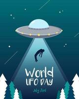 värld UFO dag vektor affisch med en flygande fat bortförande en man på de grön stjärna himmel bakgrund.