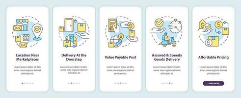 Post- Bedienung Vorteile Onboarding Handy, Mobiltelefon App Bildschirm. Lieferung Profis Komplettlösung 5 Schritte editierbar Grafik Anleitung mit linear Konzepte. ui, ux, gui Vorlage vektor