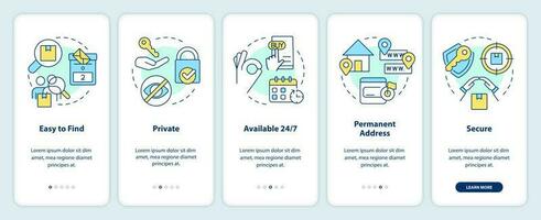 använder sig av posta kontor lådor fördelar onboarding mobil app skärm. brevlåda genomgång 5 steg redigerbar grafisk instruktioner med linjär begrepp. ui, ux, gui mall vektor