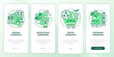 Gartenarbeit Typen Grün Onboarding Handy, Mobiltelefon App Bildschirm. Pflanzen Komplettlösung 4 Schritte editierbar Grafik Anleitung mit linear Konzepte. ui, ux, gui Vorlage vektor