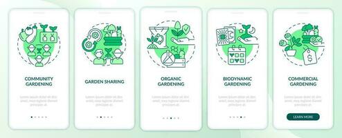 Typen von Gartenarbeit Grün Onboarding Handy, Mobiltelefon App Bildschirm. Gartenbau Komplettlösung 5 Schritte editierbar Grafik Anleitung mit linear Konzepte. ui, ux, gui Vorlage vektor
