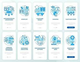 Landwirtschaft Produktivität Blau Onboarding Handy, Mobiltelefon App Bildschirm Satz. Komplettlösung 5 Schritte editierbar Grafik Anleitung mit linear Konzepte. ui, ux, gui Vorlage vektor