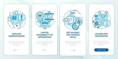 mikrolärande nackdelar blå onboarding mobil app skärm. genomgång 4 steg redigerbar grafisk instruktioner med linjär begrepp. ui, ux, gui mall vektor