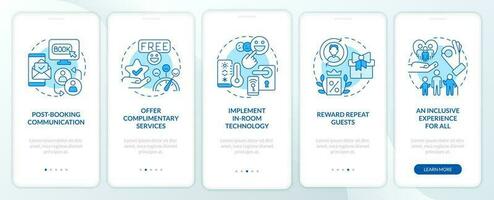 erhöhen, ansteigen Gast Befriedigung im Hotels Blau Onboarding Handy, Mobiltelefon App Bildschirm. Komplettlösung 5 Schritte editierbar Grafik Anleitung mit linear Konzepte. ui, ux Vorlage vektor