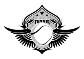 sport boll på bakgrund av stiliserade skydda med vingar. tennis sportslig emblem. turnering symbol. vektor