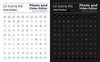 Foto und Video Editor Pixel perfekt Gradient linear ui Symbole einstellen zum dunkel, Licht Modus. Linie Kontur Benutzer Schnittstelle Symbole. modern Stil Piktogramme. Vektor isoliert Gliederung Abbildungen