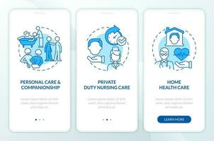 Zuhause Gesundheit Pflege Typen Blau Onboarding Handy, Mobiltelefon App Bildschirm. Komplettlösung 3 Schritte editierbar Grafik Anleitung mit linear Konzepte. ui, ux, gui Vorlage vektor