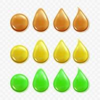 realistisk uppsättning av droppande droppar av kola honung, juice, extrahera eller gel. vektor illustration