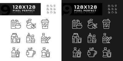 matvaror handla pixel perfekt linjär ikoner uppsättning för mörk, ljus läge. mat detaljhandeln. äter och drycker. tunn linje symboler för natt, dag tema. isolerat illustrationer. redigerbar stroke vektor