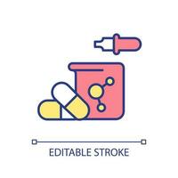 Entwicklung von innovativ Medikamente rgb Farbe Symbol. medizinisch Drogen Produktion. pharmazeutische Forschung im Labor. isoliert Vektor Illustration. einfach gefüllt Linie Zeichnung. editierbar Schlaganfall