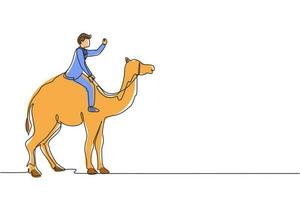 kontinuerlig en rad ritning arabisk affärsman rider kamel. investeringar, hausseartad aktiemarknadshandel, stigande obligationstrend. framgångsrik affärsman handlare. en rad rita design vektorgrafik vektor