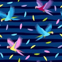 sömlöst tropiskt mönster med färgglada papegojor och fjädrar på randig bakgrund. vektor sommar bakgrund. tryck för tyg och webb.