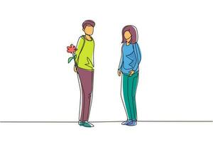 kontinuerlig en rad ritning man håller blommor bakom ryggen och står framför kvinnan. glad pojke ger rosblomma till flickan. ung man och kvinna träffades för dejting. enda rad rita design vektor