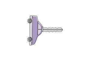 kontinuierlich einer Linie Zeichnung Auto Schlüssel mit Auto Form. Schlüsselring Auto und Fernbedienung Steuerung Schlüssel im Fahrzeug Innere. modern Auto Flip Schlüssel isoliert auf Weiß. Single Linie zeichnen Design Vektor Grafik Illustration