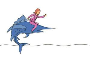 enda kontinuerlig linjeteckning modig affärskvinna rider enorma farliga marlin fisk. professionell entreprenör kvinnlig karaktär kamp med rovdjur. en rad rita grafisk design vektorillustration vektor