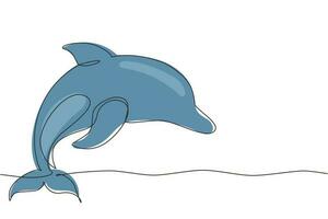 Kontinuierliche einzeilige Zeichnung niedlicher blauer Delfine, Delfinspringen und Ausführen von Tricks mit Ball für Unterhaltungsshows. tierisches maskottchen für schwimmbad. Vektorgrafik-Illustration für einzeiliges Design vektor