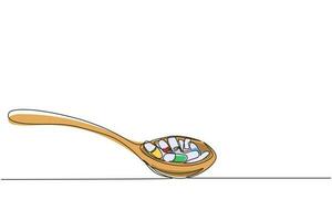 Einzelne einzeilige Zeichnung Kräuterkapseln auf Holzlöffel. Kräutermedizin in Kapseln aus süßem Basilikum. Vitaminkapsel in einem Holzlöffel. moderne grafische vektorillustration des ununterbrochenen zeichnendesigns vektor