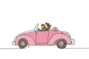 enda kontinuerlig linjeteckning söta eleganta par på roadtrip i vintage retro bil. glad man och kvinna i fordon. gift par romantiskt förhållande. dynamisk en rad rita grafisk design vektor