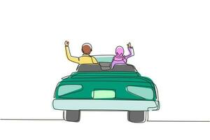 enda kontinuerlig linjeritning bakifrån arabiska lyckliga fria paret kör i cabrioletbil i staden jublar glad med armarna höjda. par sommar semester resor. en rad rita grafisk design vektor