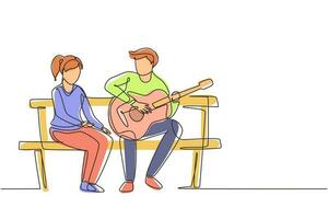 einzelne durchgehende Linien zeichnen Menschen, die auf einer Holzbank im Park sitzen. paar auf dem tag, mann spielt musik auf der gitarre, mädchen hören zu und singen zusammen. eine linie zeichnen grafikdesign-vektorillustration vektor