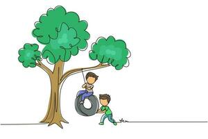 enda kontinuerlig linjeteckning glada två pojkar spelar däcksving under trädet. söta barn svänger på däck hängande från träd. barn som leker i trädgården. en rad rita grafisk design vektorillustration vektor