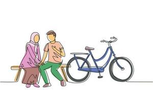 kontinuierliche einzeilige zeichnung romantisches arabisches paar, das sich unterhält, während es auf der bank sitzt. romantisches Teenager-Paar fährt Fahrrad. junger Mann und verliebte Frau. einzeiliges zeichnen design vektorgrafik illustration vektor