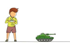 enda en linje ritning pojke leker med fjärrstyrd leksak stridsvagn. barn som leker med elektronisk leksakstank med fjärrkontroll i händerna. kontinuerlig linje rita design grafisk vektorillustration vektor