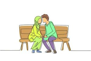 kontinuerlig en rad ritning kyssar arabiska par. ung man och kvinna ansikte mot ansikte sitter på parkbänken och roliga kyssar. romantiskt par dejtar på våren. en rad rita design vektorgrafik vektor