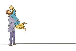 durchgehende einzeilige zeichnung arabischer mann, der frau trägt und umarmt. Paar-Dating-Charaktere. romantische Paarbeziehung feiert Jubiläum. einzeiliges zeichnen design vektorgrafik illustration vektor