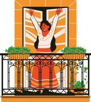 Balkon mit Frau auf Terrasse. eben Vektor Illustration.