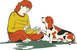 Frau und Hund Sitzung auf das Boden. Vektor Illustration im ein eben Stil.