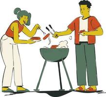 Mann und Frau Kochen Würste auf Grill Grill. eben Vektor Illustration.