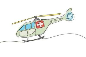 enda kontinuerlig linjeritning ambulanshelikopter. medicinsk evakueringshelikopter. sjukvård, sjukhus och medicinsk diagnostik. nöd- och räddningstjänst. en rad rita grafisk design vektor