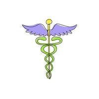 einzelne durchgehende strichzeichnung caduceus, medizinisches zentrum, apotheke, krankenhaus mit beliebtem symbol der medizin. Symbol-Logo für medizinische Versorgung. dynamische einzeilige abgehobene betragsgrafikdesign-vektorillustration vektor