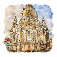 frauenkirche dresden Tyskland vattenfärg skiss hand dragen illustration vektor