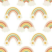 nahtlos Muster, Regenbögen, Wolken und Blumen im retro Boho Stil. Baby Hintergrund, Textil, Vektor