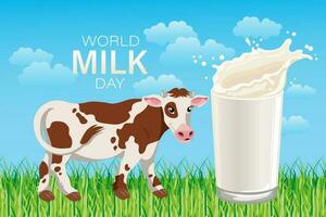 värld mjölk dag, baner. fick syn på ko i de äng, glas med mjölk stänk och text. affisch, illustration, vektor