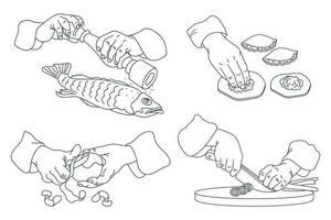 Arbeit im das Küche, ein einstellen von Kontur Zeichnungen. Hände schälen Kartoffeln, Schnitt Zwiebeln, Koch Fisch, machen Kuchen. Essen Illustration, skizzieren, Vektor. vektor