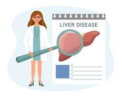 ein weiblich Arzt mit ein Vergrößerung Glas untersucht ein Mensch Leber Krankheit. das Konzept von Wissenschaft und Medizin. Vektor