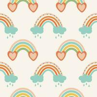 nahtlos Muster, Regenbögen, Wolken und Blumen im retro Boho Stil. Baby Hintergrund, Textil, Vektor