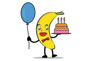 Banane Karikatur Maskottchen oder Charakter halten Luftballons und Geburtstag Kuchen beim Geburtstag Feier Veranstaltung vektor