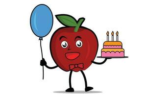 Apfel Karikatur Maskottchen oder Charakter halten Luftballons und Geburtstag Kuchen beim Geburtstag Feier Veranstaltung vektor
