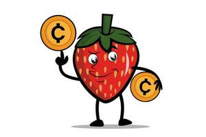 jordgubb tecknad serie maskot eller karaktär innehav crypto mynt, digital mynt eller digital pengar vektor