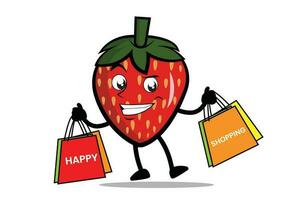 Erdbeere Karikatur Maskottchen oder Charakter tragen Lebensmittelgeschäft Taschen und genießen Einkaufen vektor