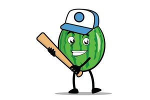 vattenmelon tecknad serie maskot eller karaktär innehav en baseboll fladdermus som de maskot av de baseboll team vektor