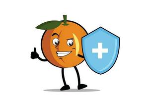 Orange Karikatur Maskottchen oder Charakter wie ein Gesundheit Arbeiter Wer hält ein Gesundheit Schutz Schild vektor