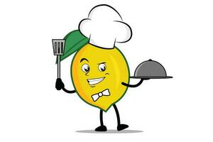 citron- tecknad serie maskot eller karaktär som en kock innehav de spatel och tjänande tallrik vektor