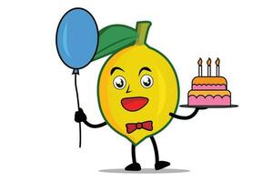 citron- tecknad serie maskot eller karaktär innehav ballonger och födelsedag kaka på födelsedag firande händelse vektor