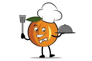 Orange Karikatur Maskottchen oder Charakter wie ein Koch halten das Spatel und Portion Teller vektor