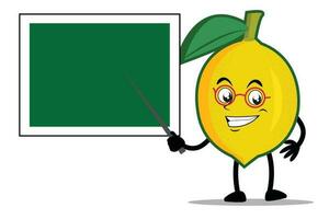 citron- tecknad serie maskot eller karaktär som en lärare och undervisning använder sig av en svarta tavlan vektor